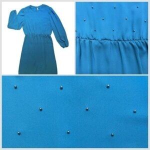 VTG 80s Balloon Long Sleeve Ruffle Midi Dress Blue Pearl Front Accent Women’s 10